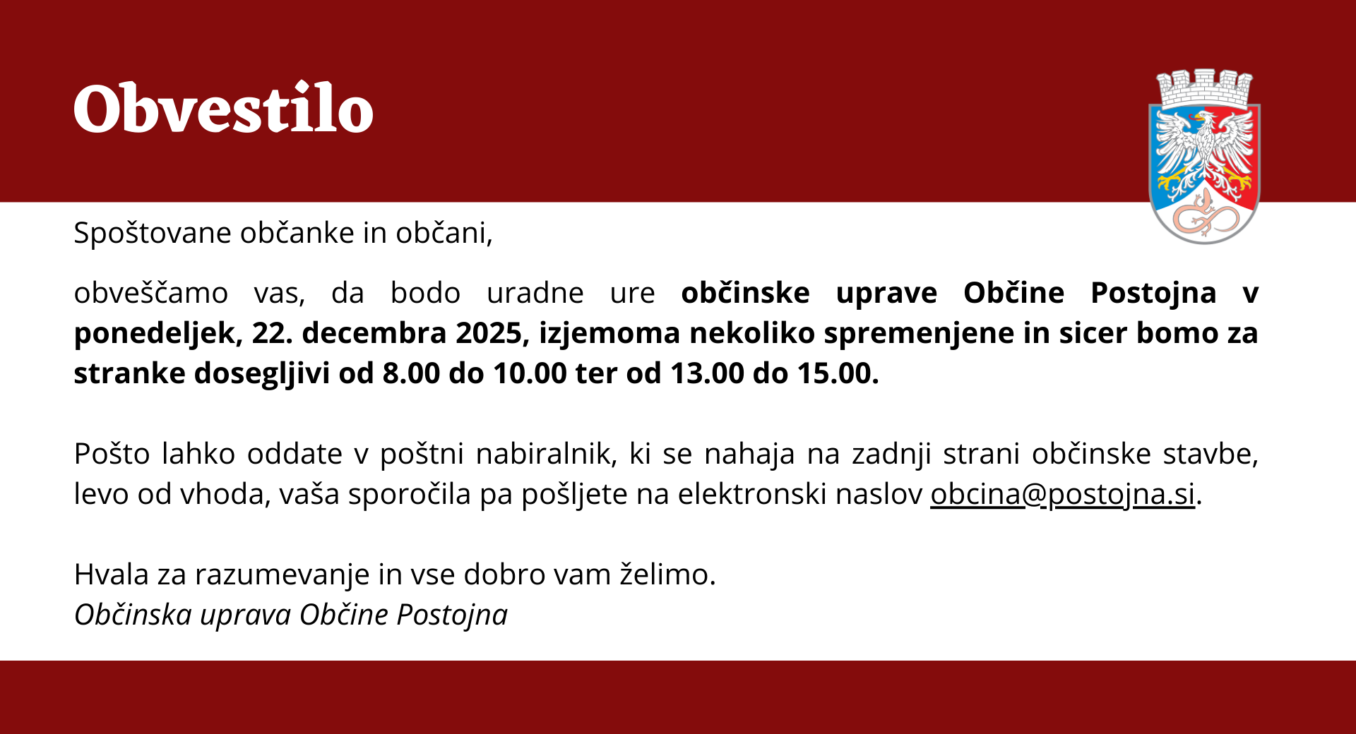 obvestilo o spremenjenih uradnih urah